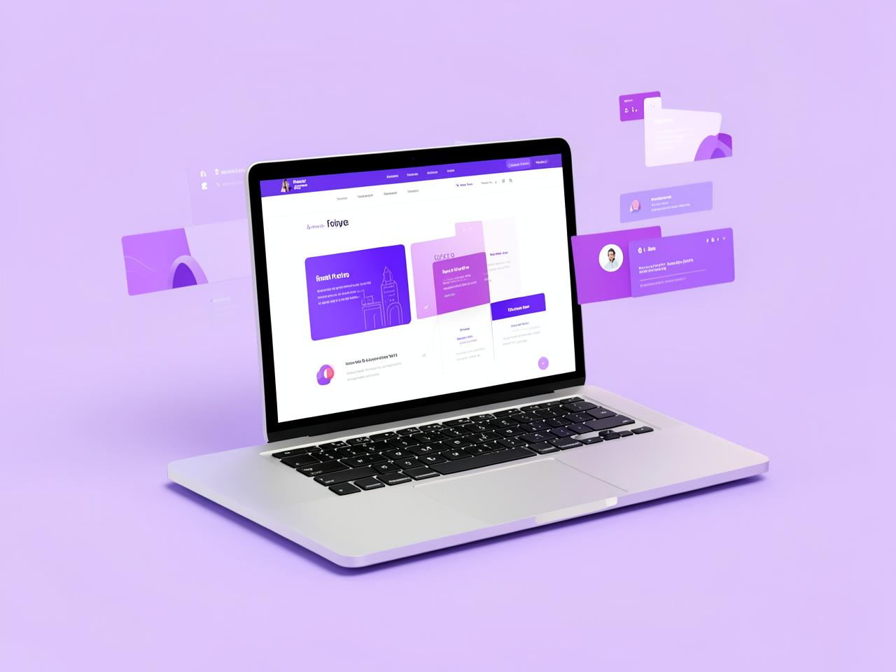Site da Nova Andrômeda exibido em um notebook com cartões de interface flutuando ao redor